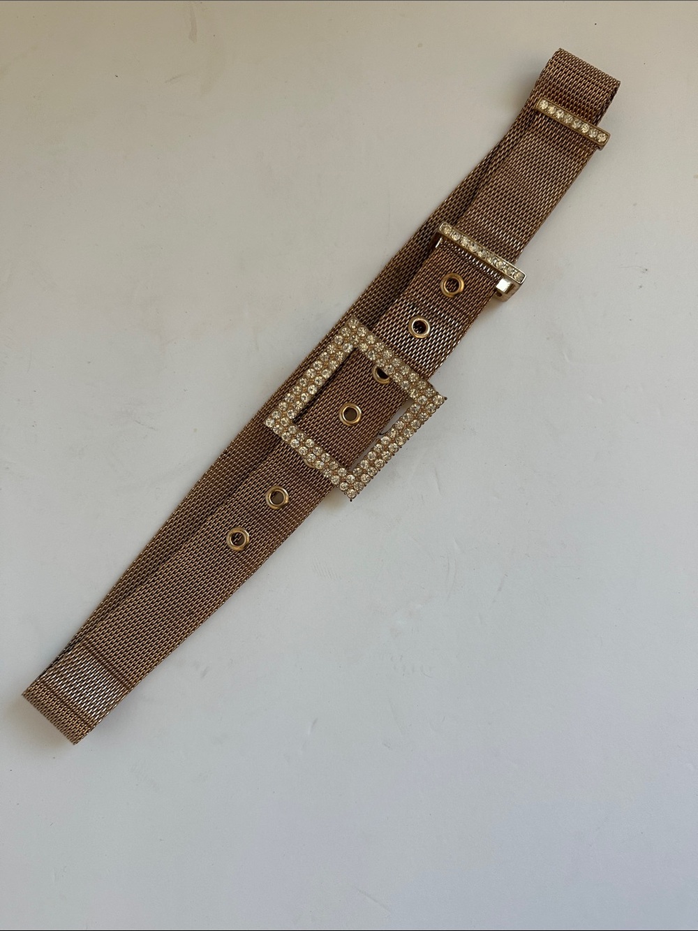 Source Unknown Gold Mesh Adjustable Belt with Rhinestone Buckle • Small/Medium